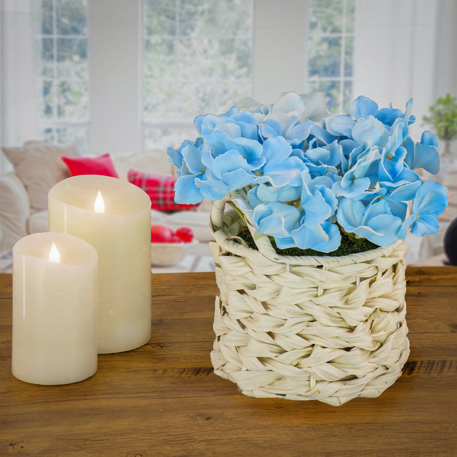10 in. Spring Blue Hydrangea Bouquet in White Basket