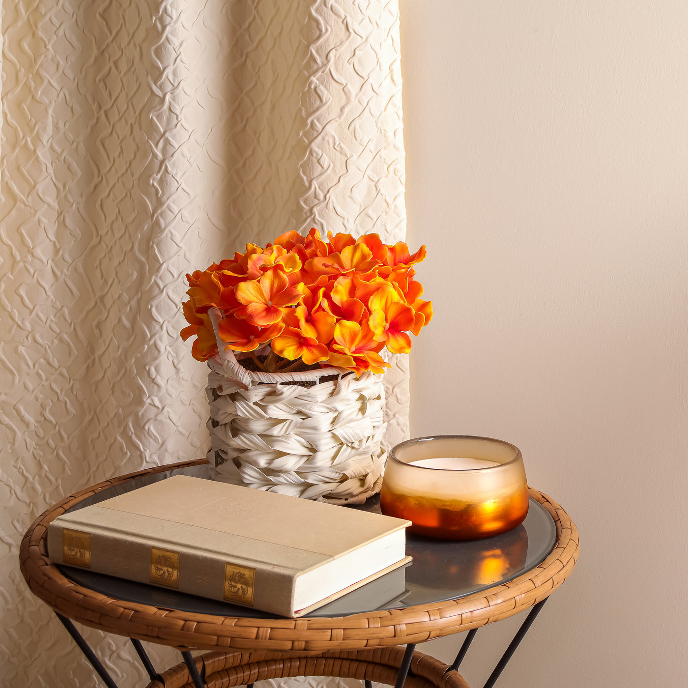 10" Orange Hydrangea Bouquet in White Basket - National Tree Company