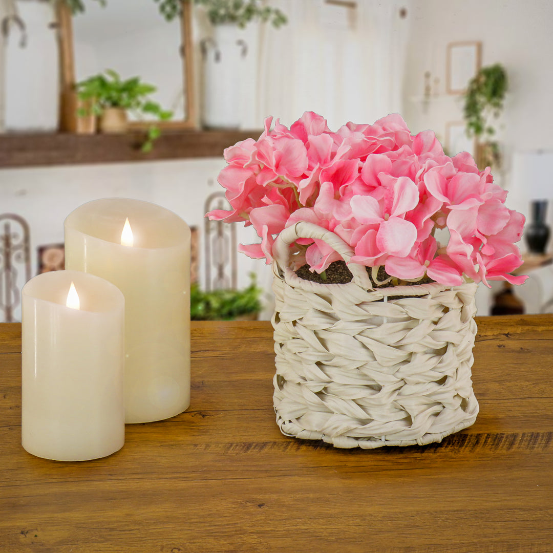 10" Pink Hydrangea Bouquet in White Basket