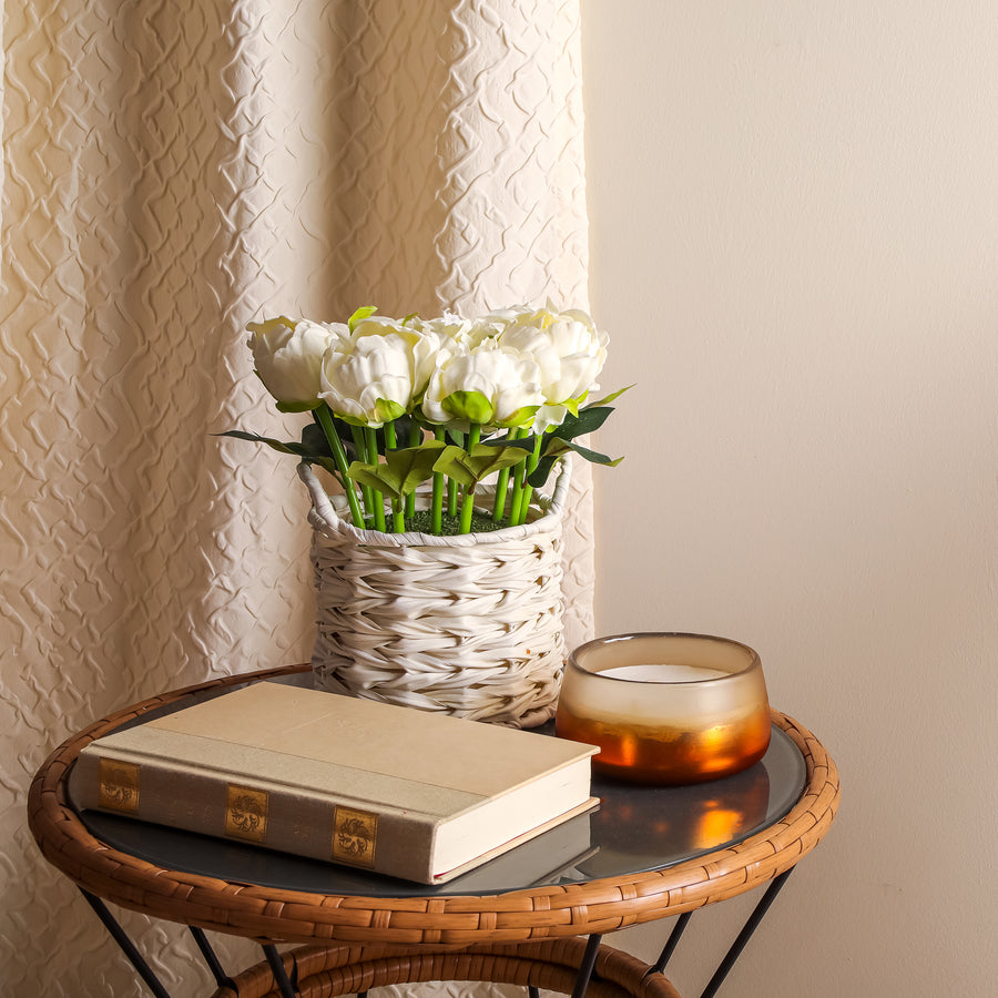 10 in. Spring White Peony Flower Bouquet in White Basket