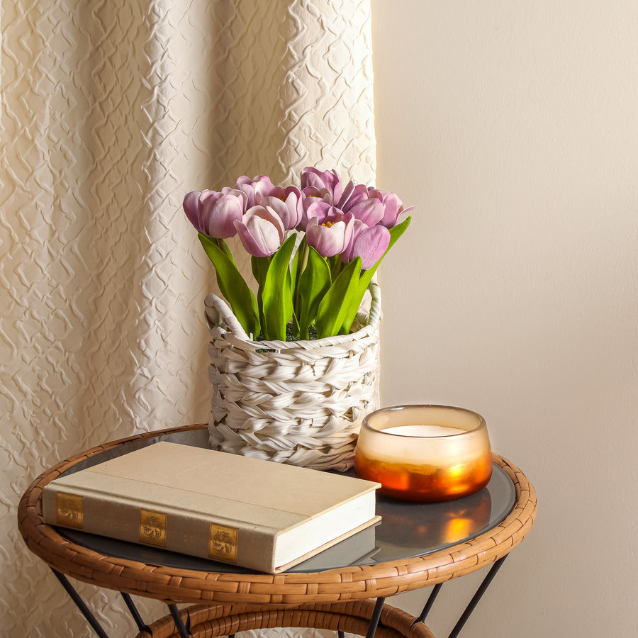 10 in. Spring Mauve Tulip Bouquet in White Basket