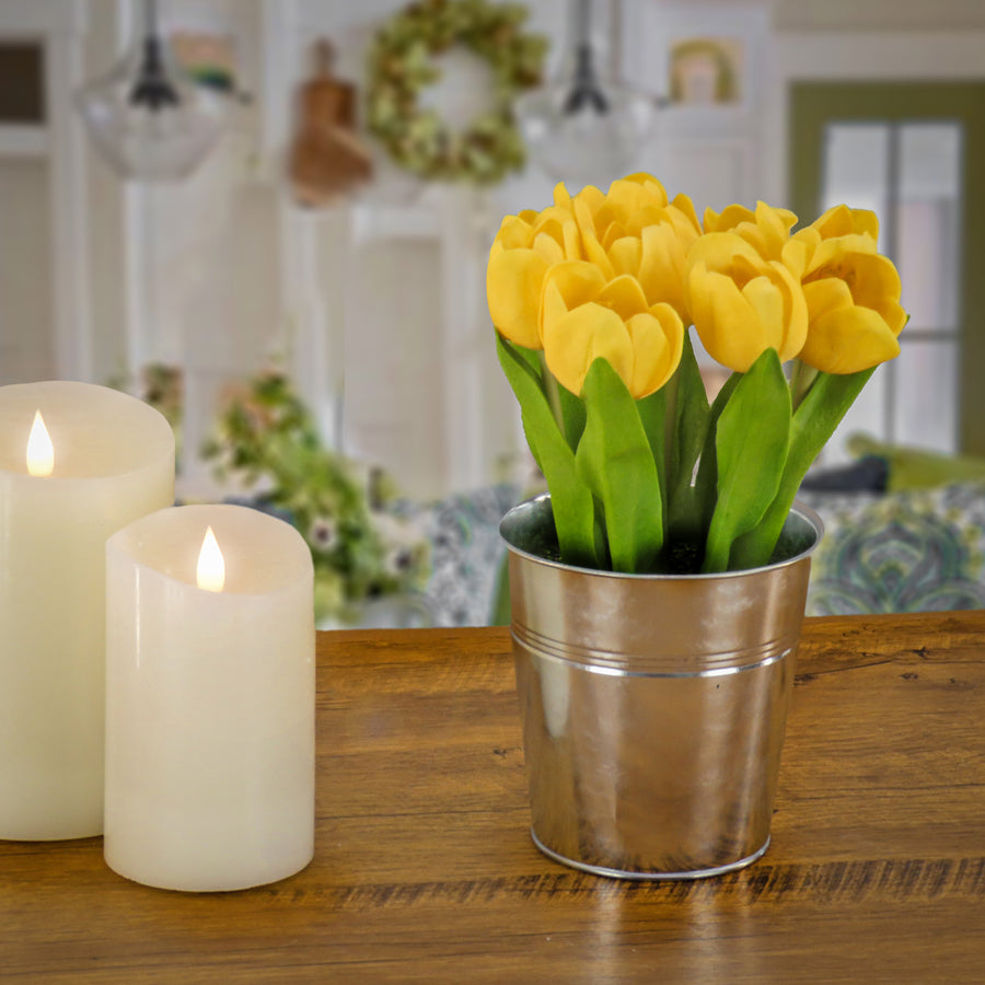 9 in. Spring Yellow Tulip Bouquet in Metal Pot
