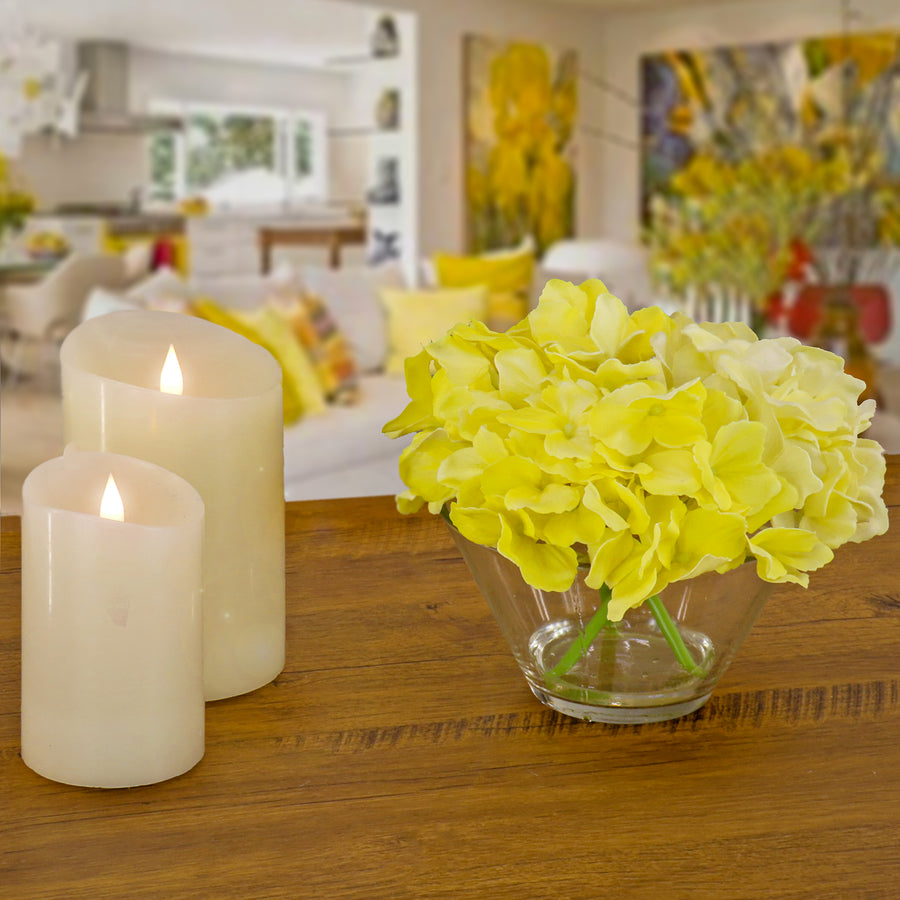 8 in. Spring Yellow Hydrangea Bouquet in Glass Vase