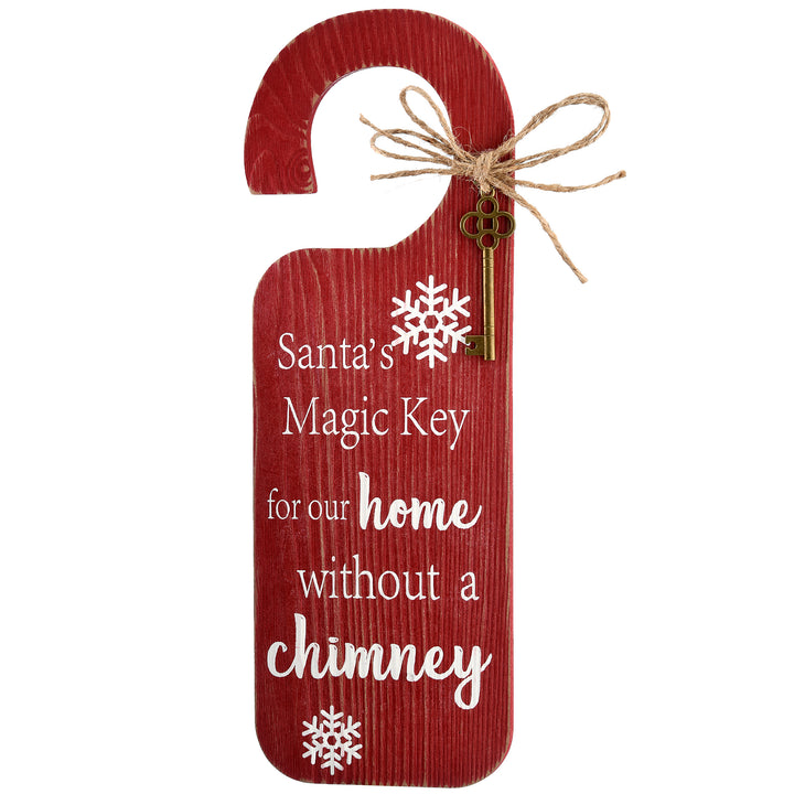 Santa's Key Doorknob Christmas Sign, Red with White Lettering and Decorative Ornate Key, Snowflakes, 12 in