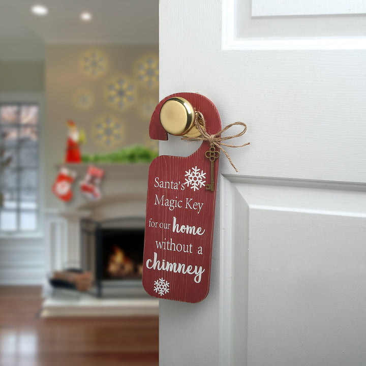 Santa's Key Doorknob Christmas Sign, Red with White Lettering and Decorative Ornate Key, Snowflakes, 12 in