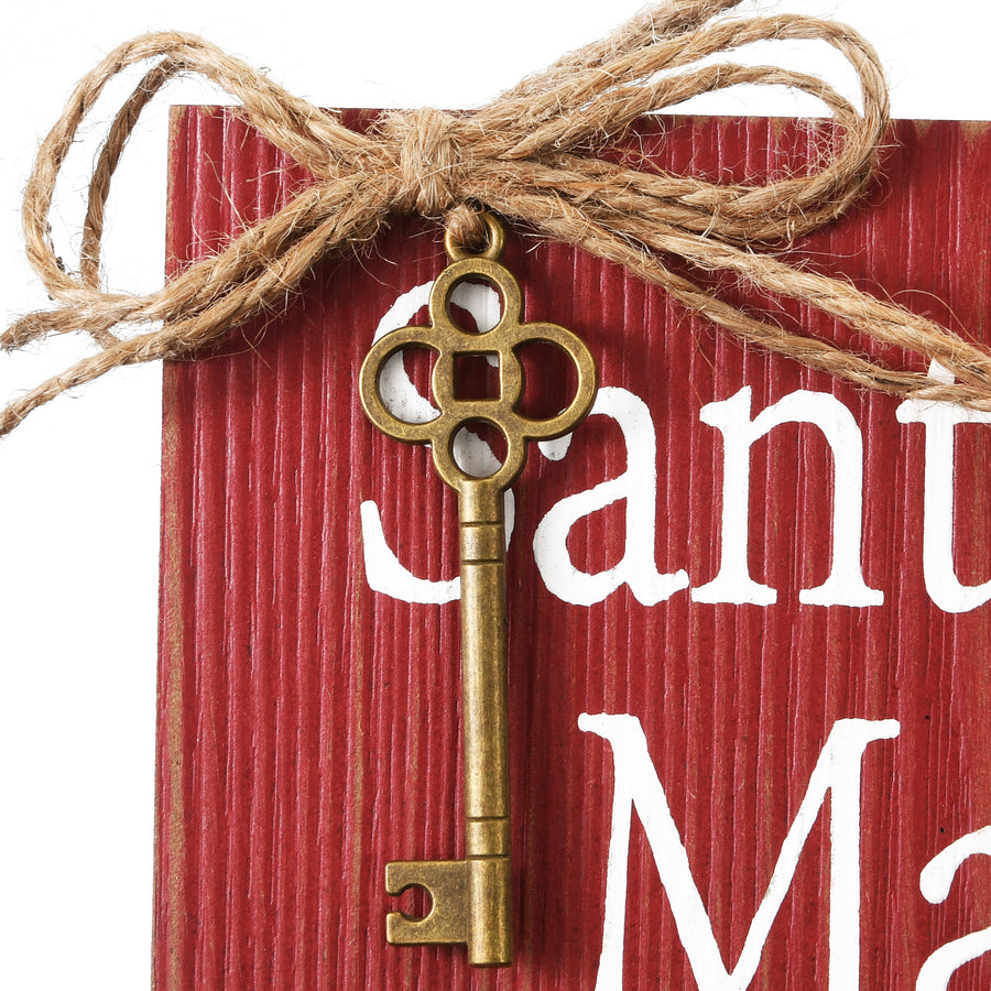 10 in. Santa's Key Door Christmas Sign, Red with White Lettering and Decorative Ornate Key, Stars and Snowflakes