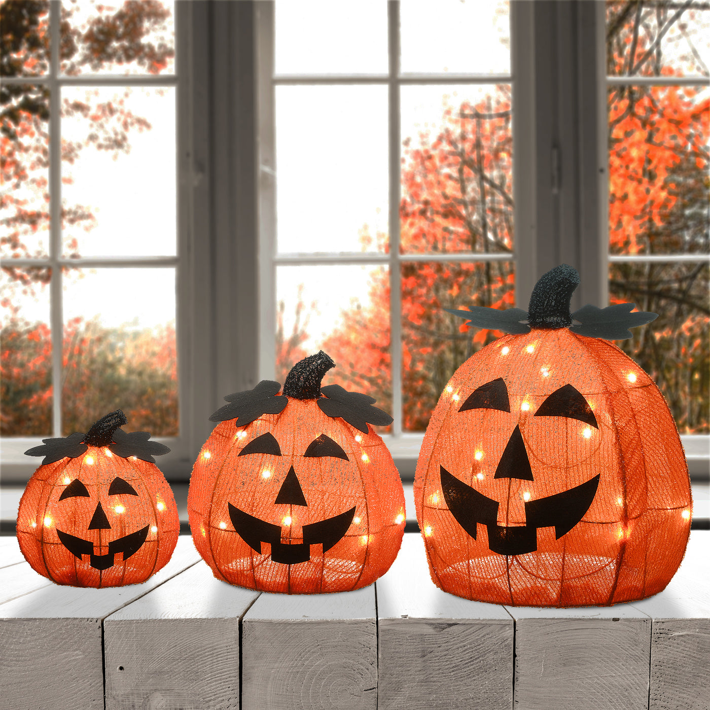 Halloween Pre-Lit Happy Jack-O-Lantern Trio, LED Lights, Pack of 3, 15 Inches - National Tree Company