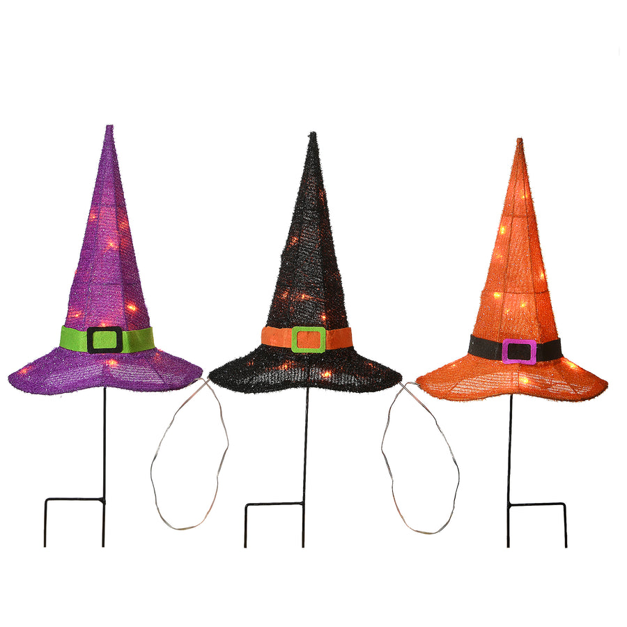 23 in. Halloween Orange,Black and Purple Witchs Hat Garden Stakes with LED Lights - National Tree Company