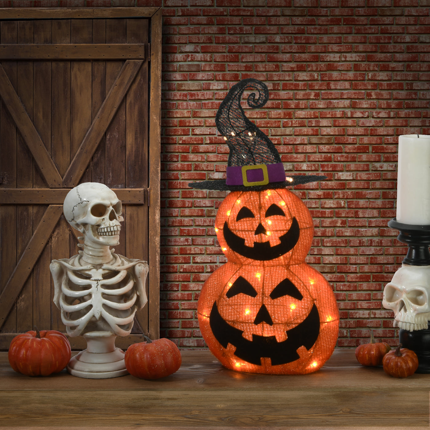 Halloween Pre-Lit Stacked Pumpkins in Witch's Hat Outdoor Decoration, LED Lights, 19 Inches - National Tree Company