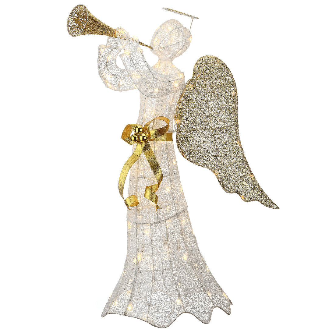51" Trumpeting Gold and White Angel with Warm White LED Lights