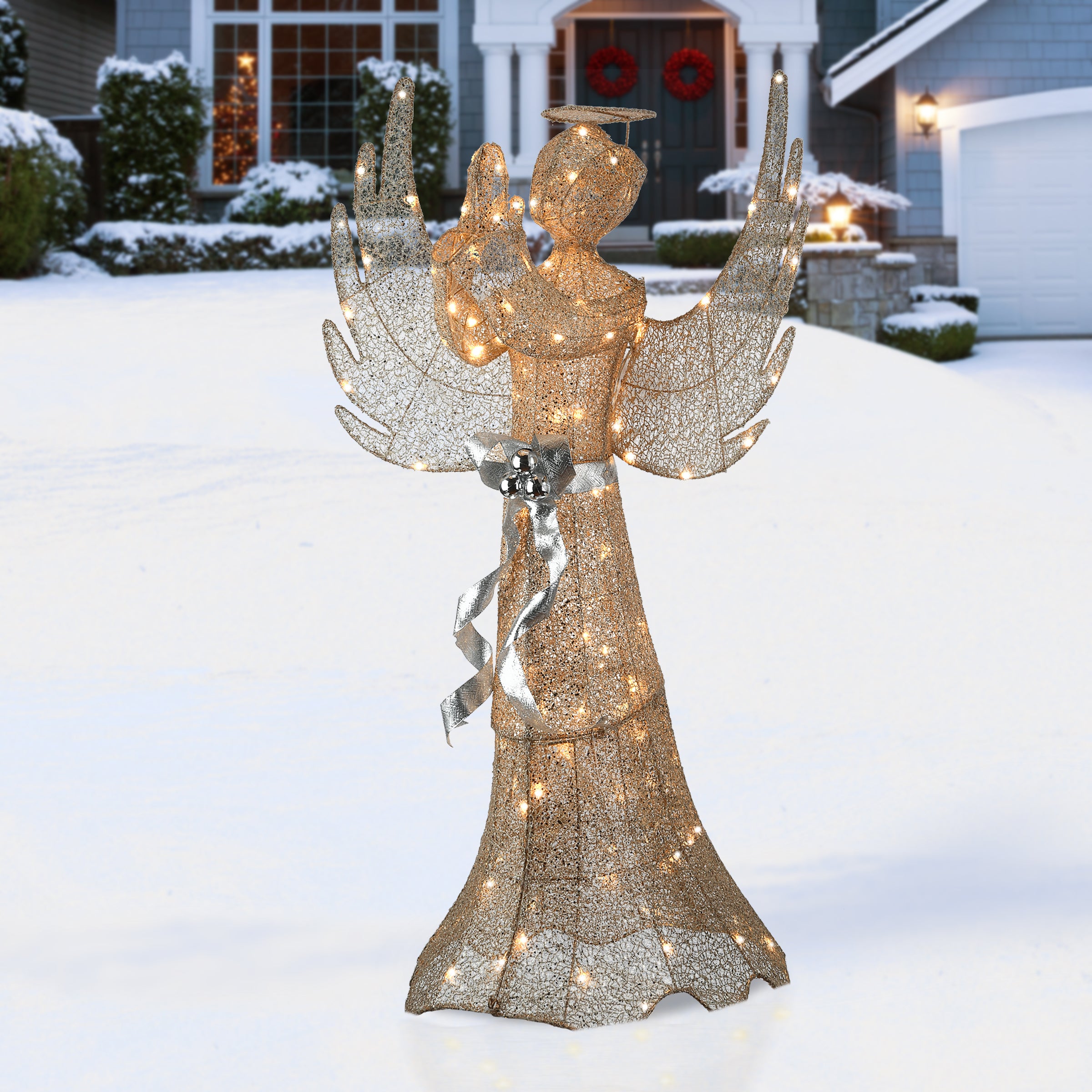 53 in. Champagne Gold Praying Angel with LED Lights, Plug-In