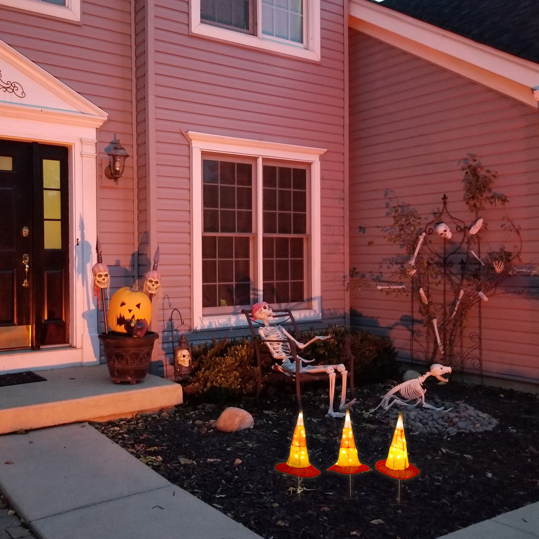 Halloween Garden Stake Lawn Decoration, Orange, Candy Corn Witches Hats, LED Lights, Battery Operated, 23 Inches