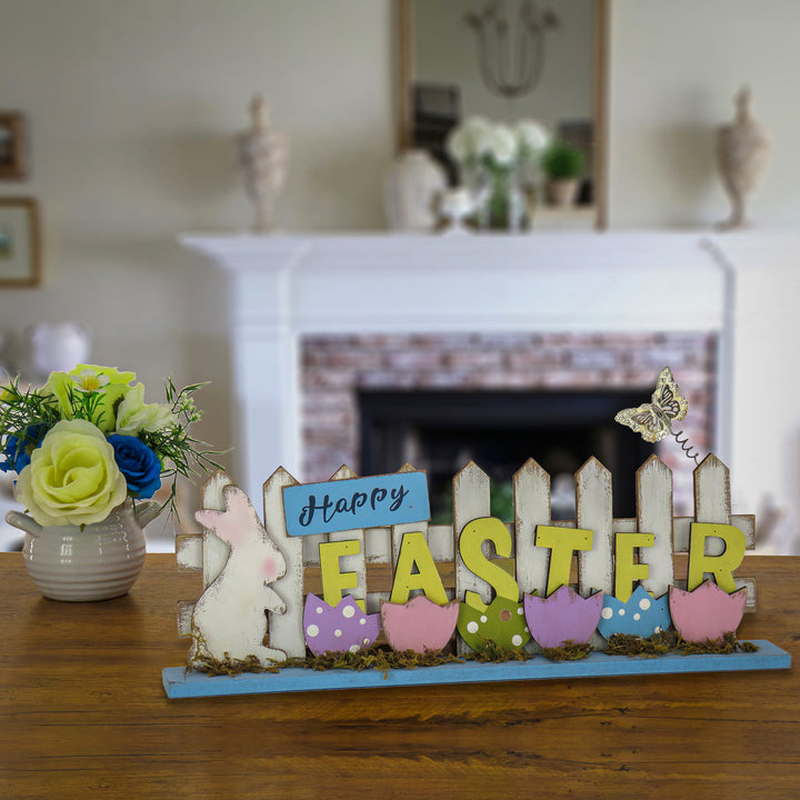 Happy Easter Picket Fence Table Decoration, Designed with Painted Eggs, Bunny, Butterfly, Easter Collection, 16 Inches