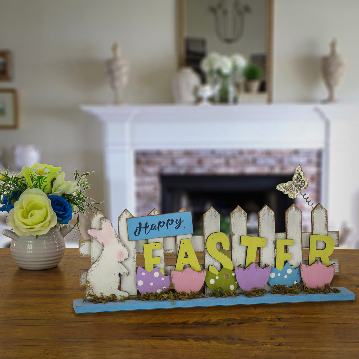 16 in. Happy Easter Picket Fence Table Decoration, Designed with Painted Eggs and Butterfly - National Tree Company