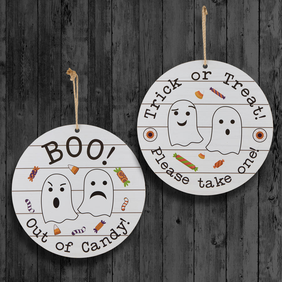 12 in. Halloween Hanging Double Sided Sign, White, Trick or Treat, Out of Candy