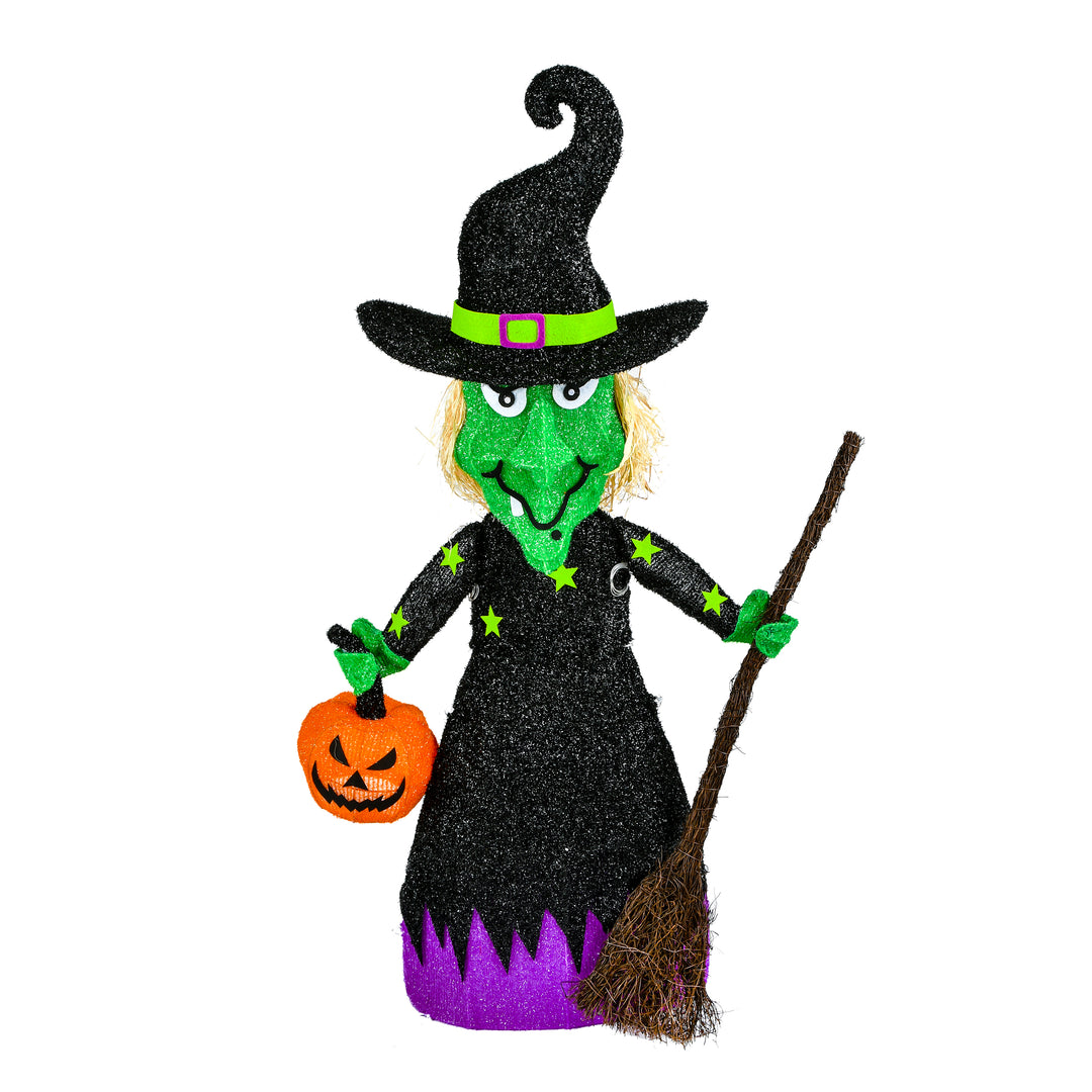 Halloween Pre Lit Lawn Decoration, Black, Green Witch, LED Lights, Battery Operated, 39 Inches