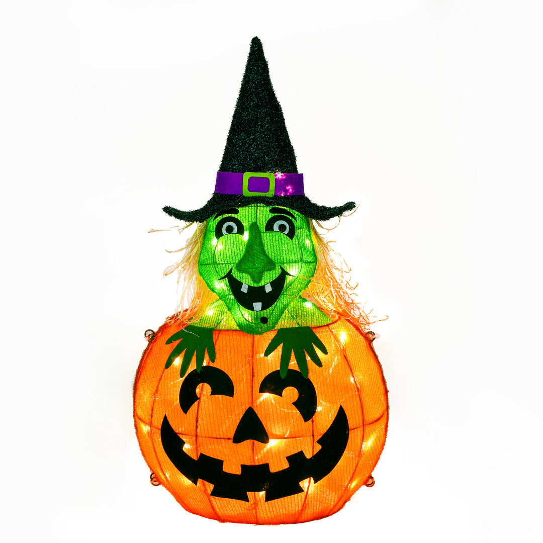 Halloween Pre Lit Lighted Sign Decoration, Orange, Pumpkin and Witch, LED Lights, Battery Operated, 28 Inches