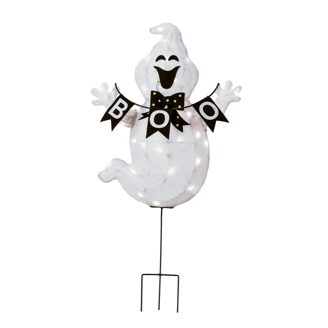 Halloween Pre Lit Lawn Decoration, White, Boo Ghost, LED Lights, Plug In, 32 Inches