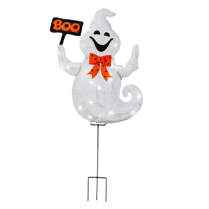Halloween Pre Lit Lawn Decoration, White, Boo Ghost, LED Lights, Battery Operated, 31 Inches