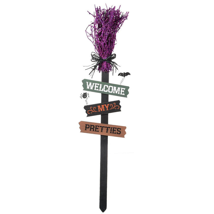 33 in. Halloween Welcome My Pretties Witchs Broom Garden Stake - National Tree Company