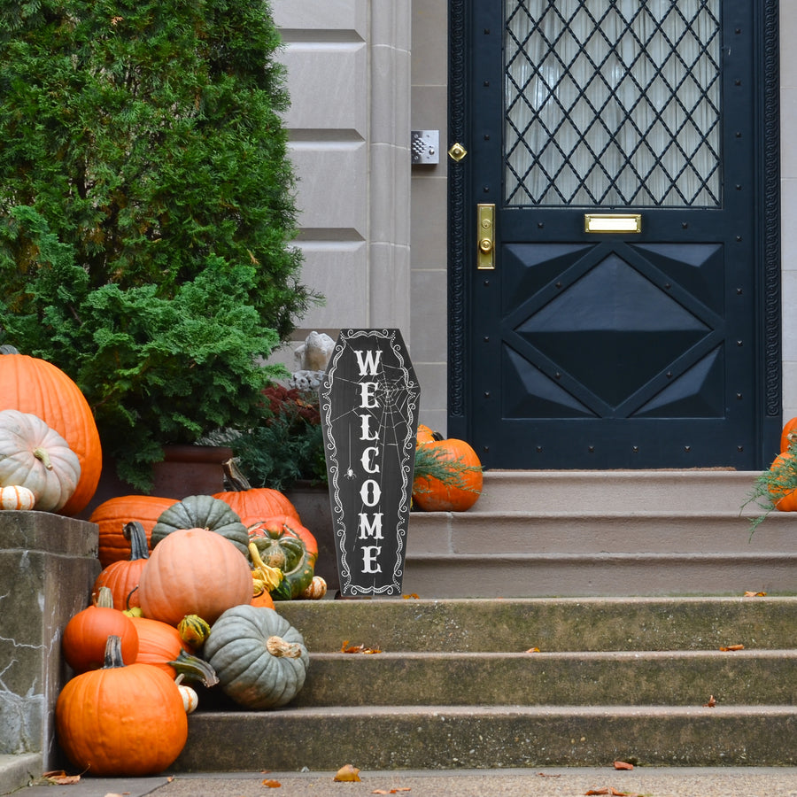 28 in. Halloween Black Coffin Welcome Standup Sign Decoration