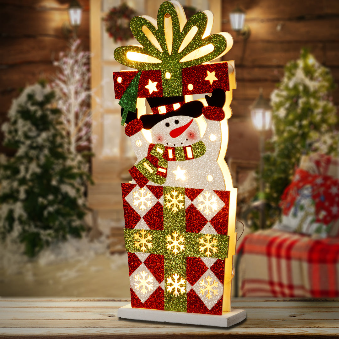 Pre-Lit 17" Wooden Gift Box Snowman