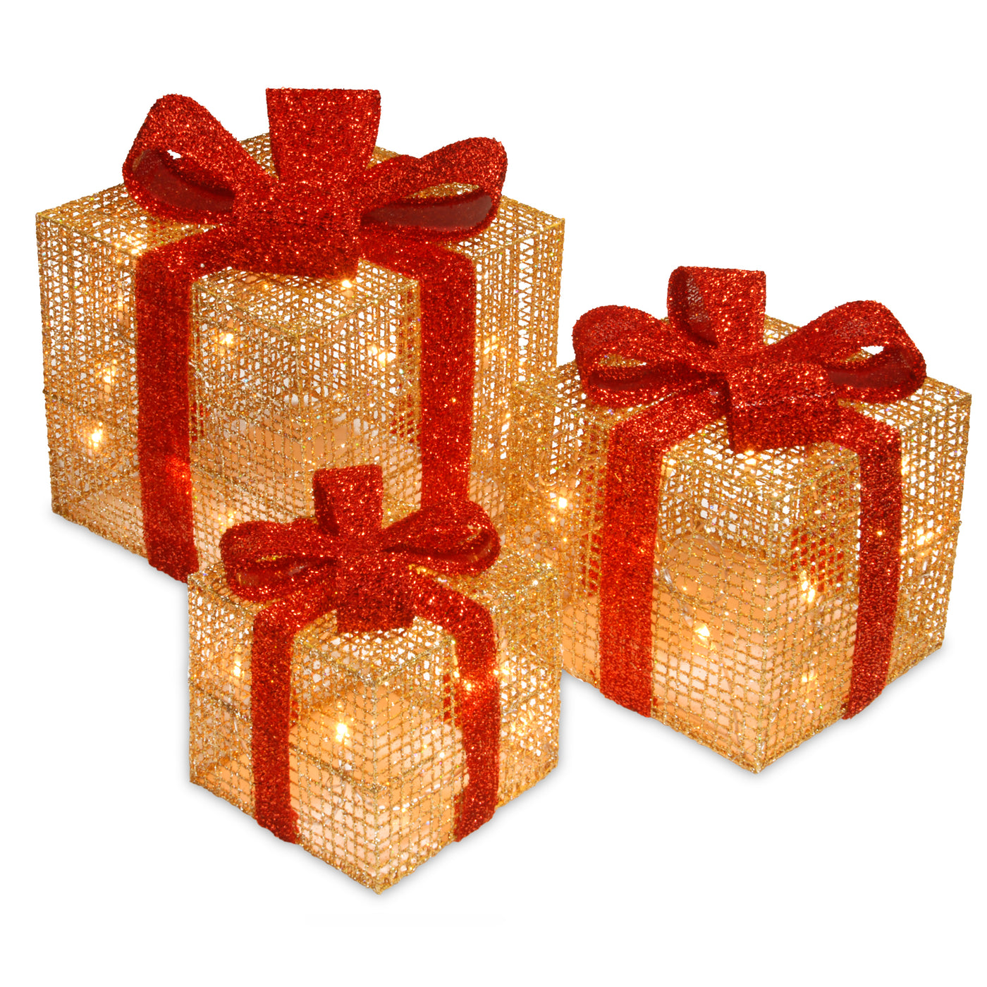 Pre-Lit Gold Gift Boxes, Set of Three, 35 White Lights - National Tree Company