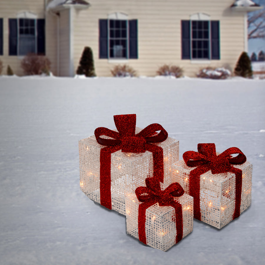 Pre-Lit White Gift Boxes, Set of Three, White Lights