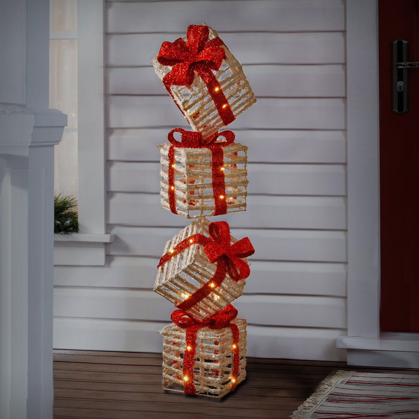 34 in. White Plastic Rattan Giftbox Tower with Micro LED Lights - National Tree Company