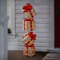 34 in. White Plastic Rattan Giftbox Tower with Micro LED Lights - National Tree Company