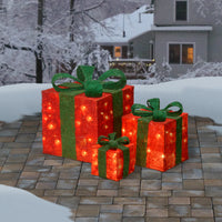 Pre-Lit Red Gift Boxes, Set of Three, White Lights, Christmas Collection - National Tree Company