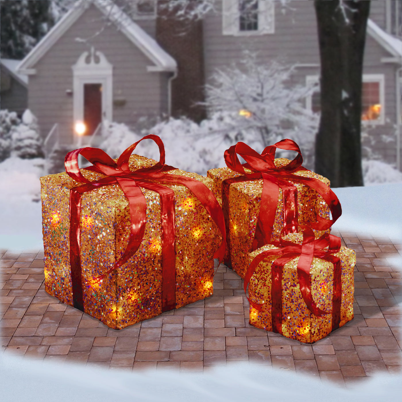 Pre-Lit Gold Gift Box with Red Bow, Set of Three, White Lights, Christmas Collection - National Tree Company