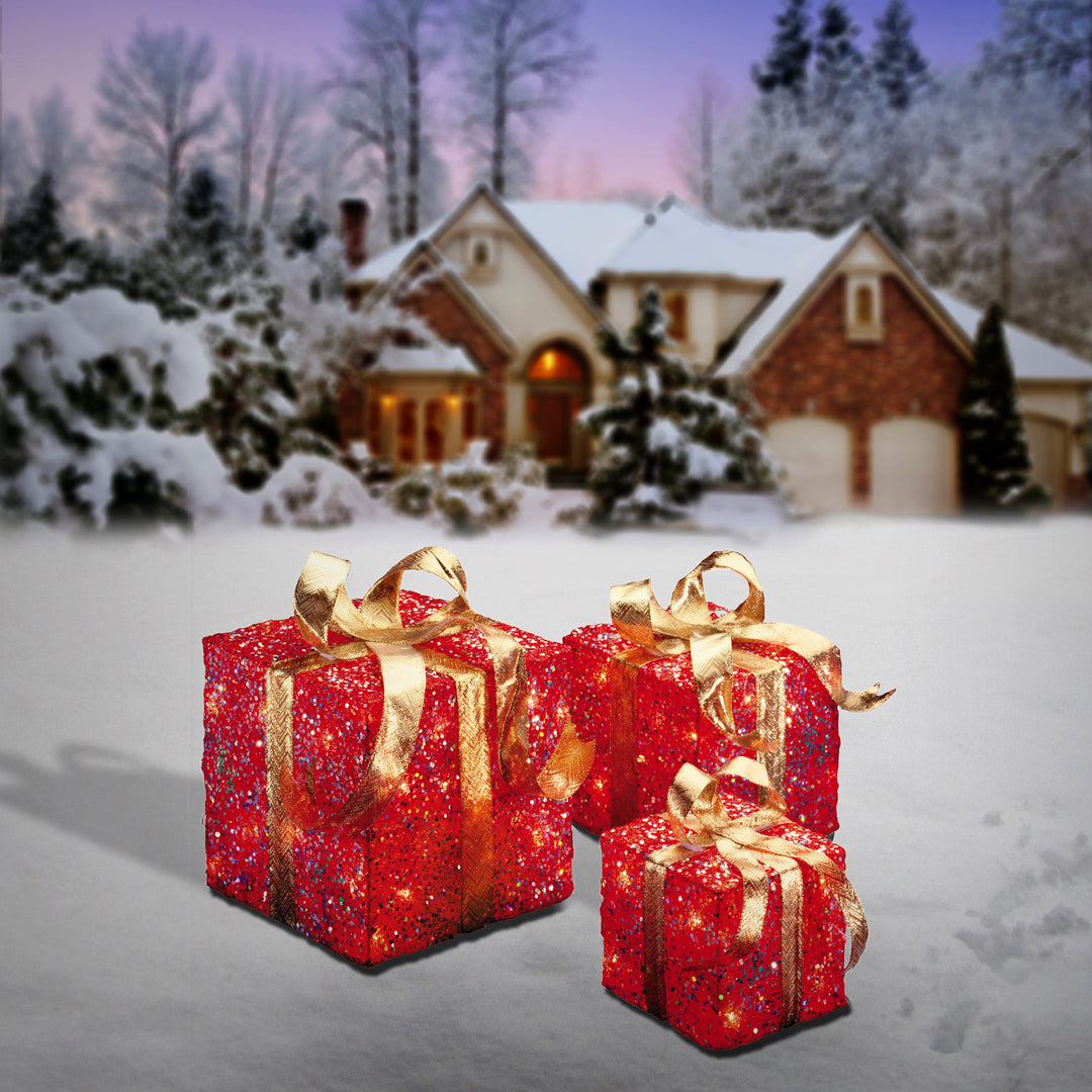 Pre-Lit Red and Gold Gift Boxes, Set of Three, White Lights, Christmas Collection