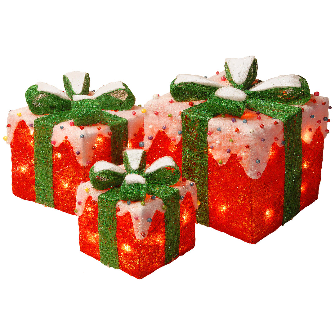 National Tree Company Pre-Lit Red and White Gift Boxes, Set of Three, White Lights, Christmas Collection