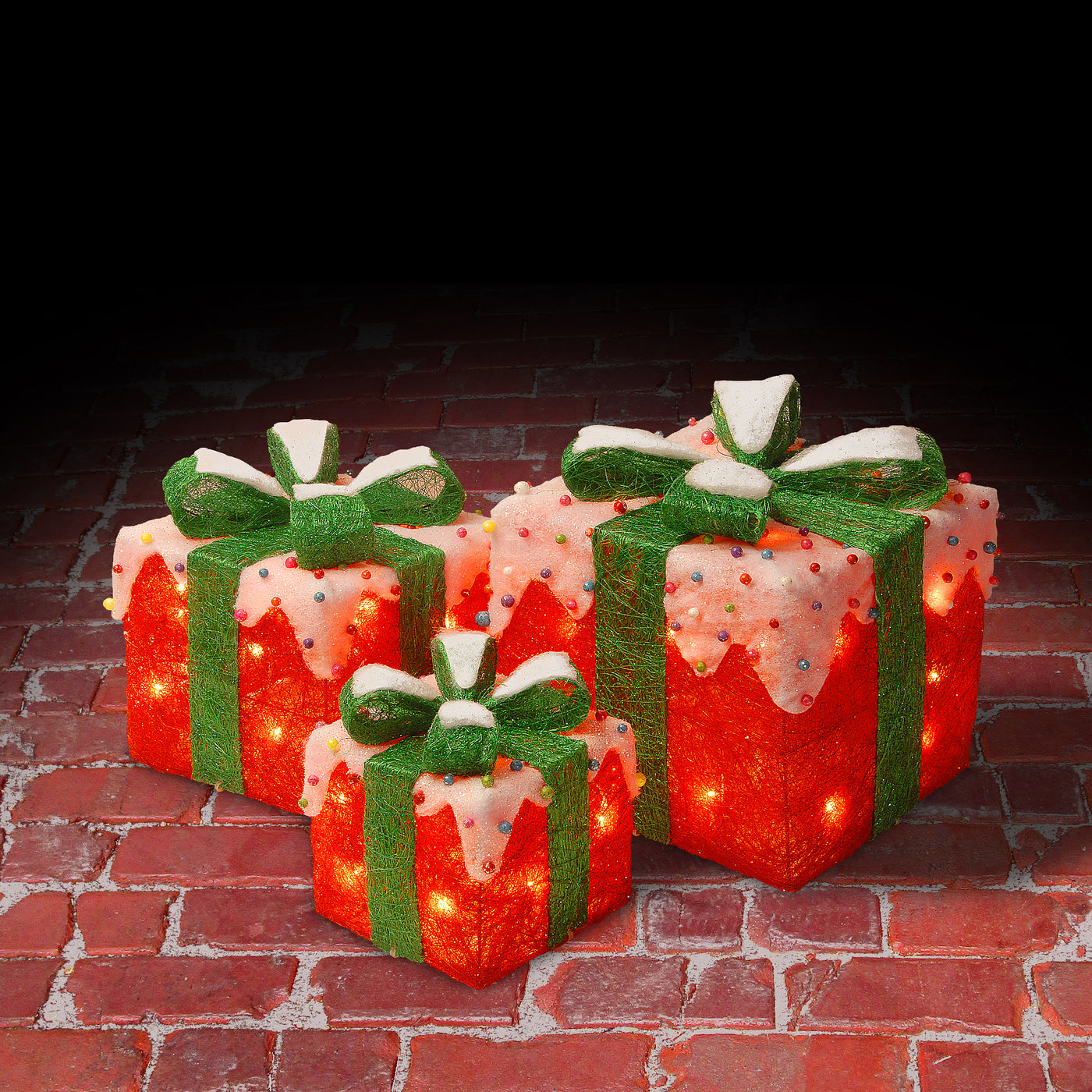 Pre-Lit Red and White Gift Boxes, Set of Three, White Lights - National Tree Company