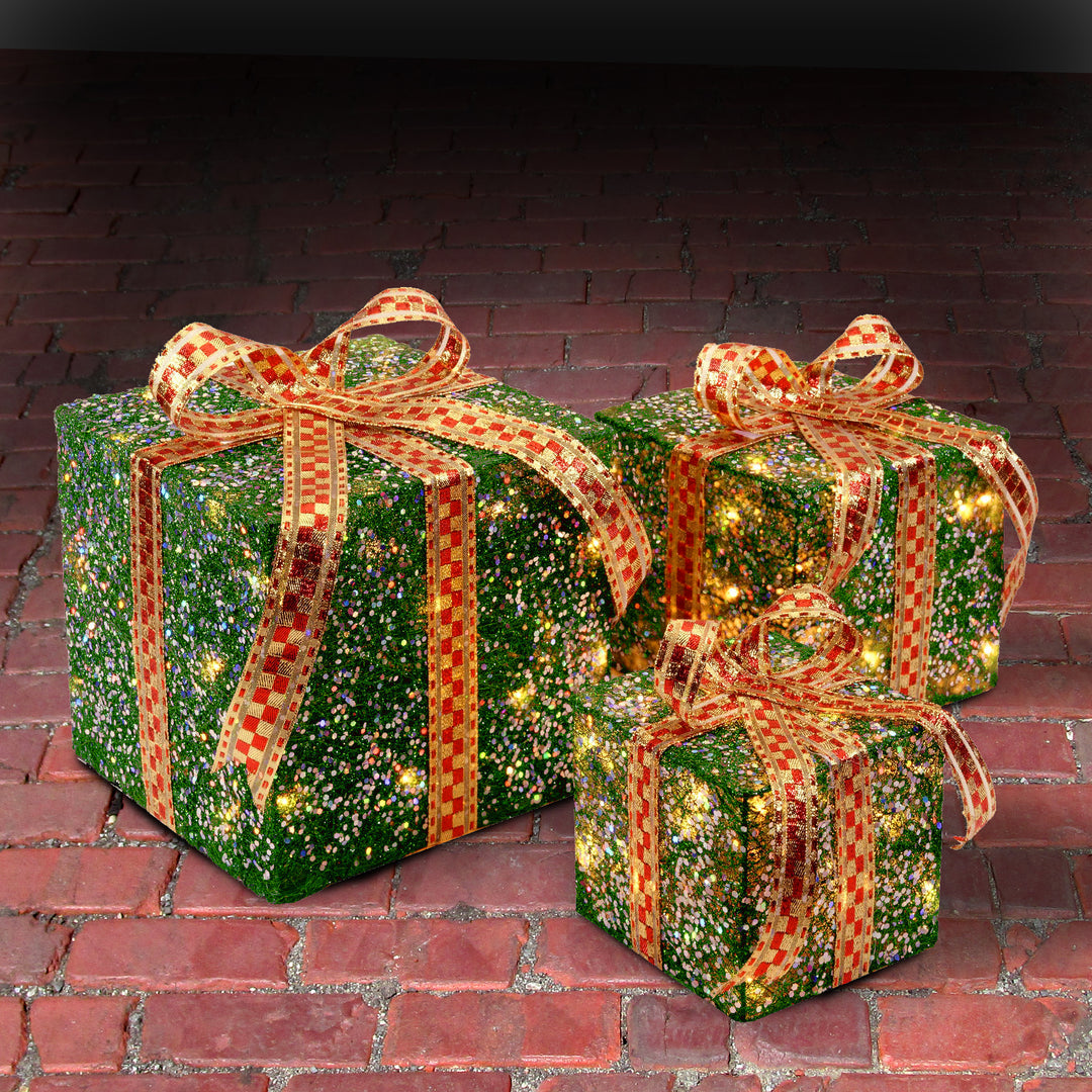 Pre-Lit Green and Gold Gift Boxes, Set of Three, White Lights, Christmas Collection