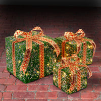 Pre-Lit Green and Gold Gift Boxes, Set of Three, White Lights, Christmas Collection - National Tree Company