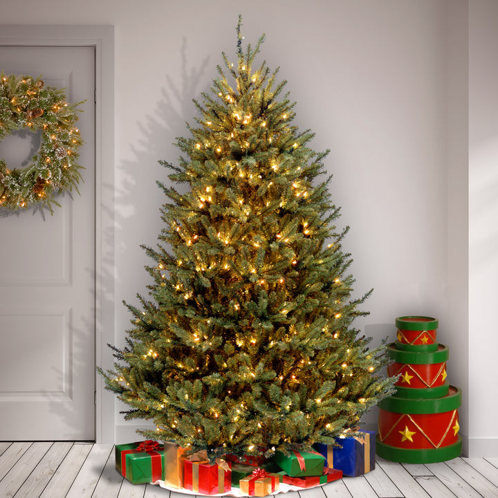 Pre-Lit Artificial Medium Christmas Tree, Green, Natural Fraser Fir, White Lights, Includes Stand, 7.5 Feet