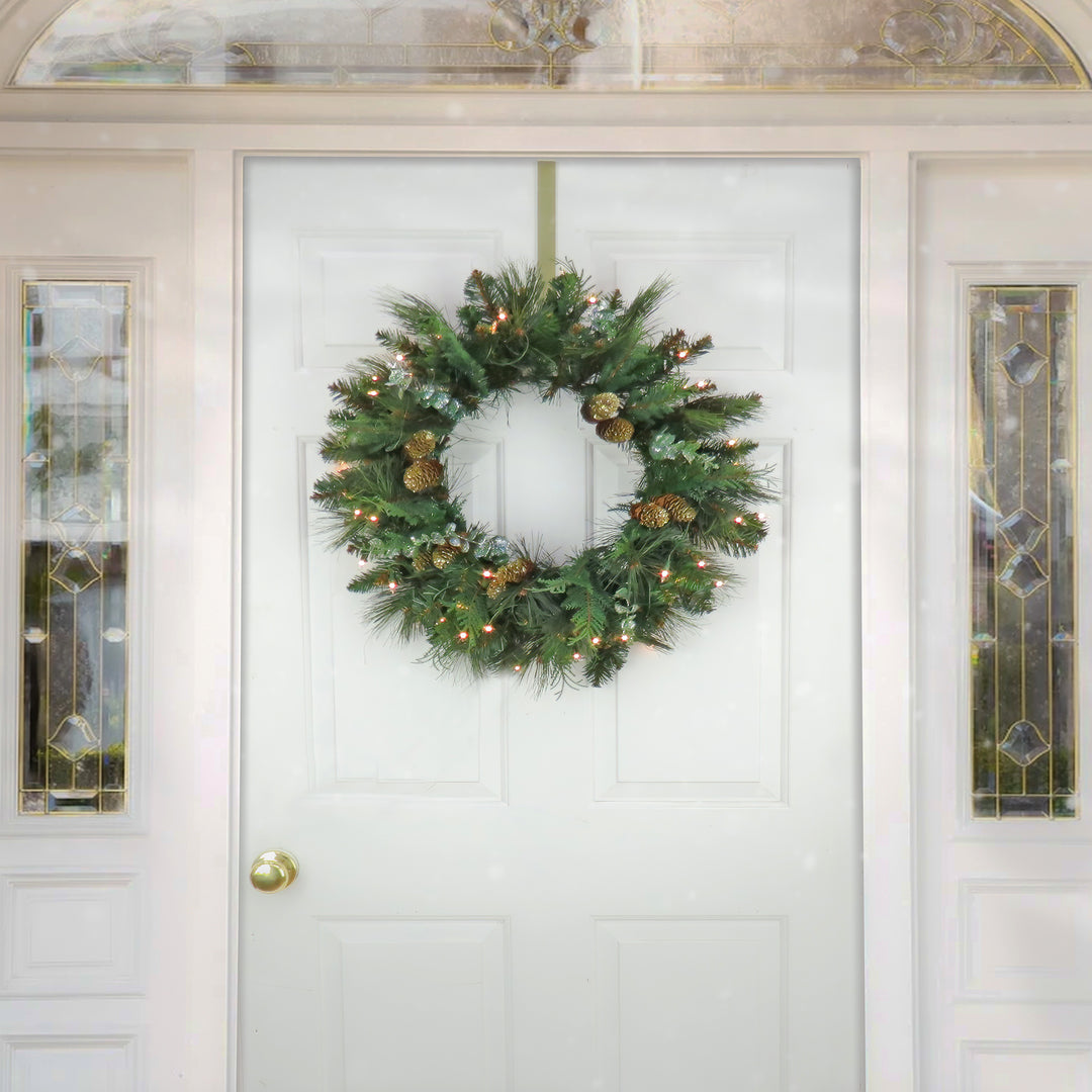 First Traditions Collection, 24" Pre-Lit Artificial North Conway Wreath with Glittery Cones and Eucalyptus