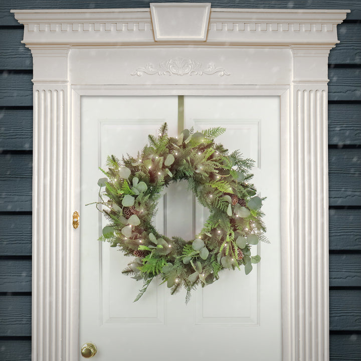 First Traditions Collection, 30" Pre-Lit Artificial North Conway Wreath with Glittery Cones and Eucalyptus