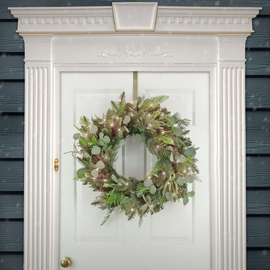 First Traditions Collection, 30" Pre-Lit Artificial North Conway Wreath with Glittery Cones and Eucalyptus, 100 Warm White LED Lights- Battery Operated with Timer
