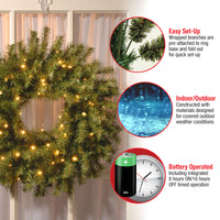 24 in. Pre-Lit Norwood Fir Wreath with Battery Operated Warm White LED Lights - National Tree Company