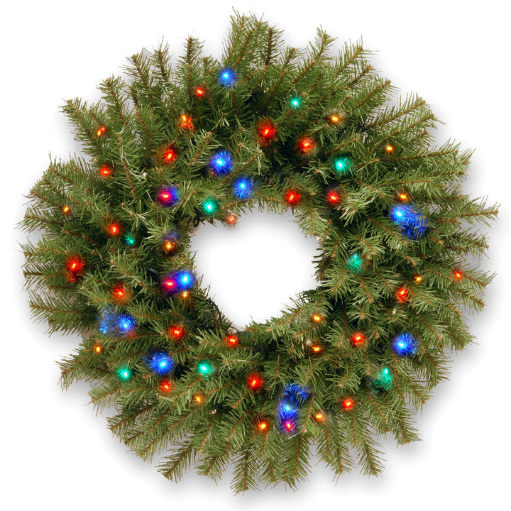 Pre-Lit Artificial Christmas Wreath, Green, Norwood Fir, Multicolor Lights, Christmas Collection, 24 Inches
