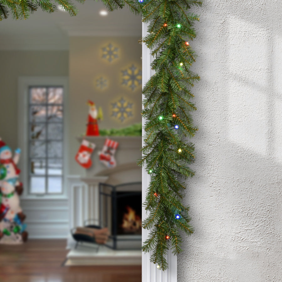 9 ft. Pre-Lit Norwood Fir Garland with Battery Operated Multicolor LED Lights