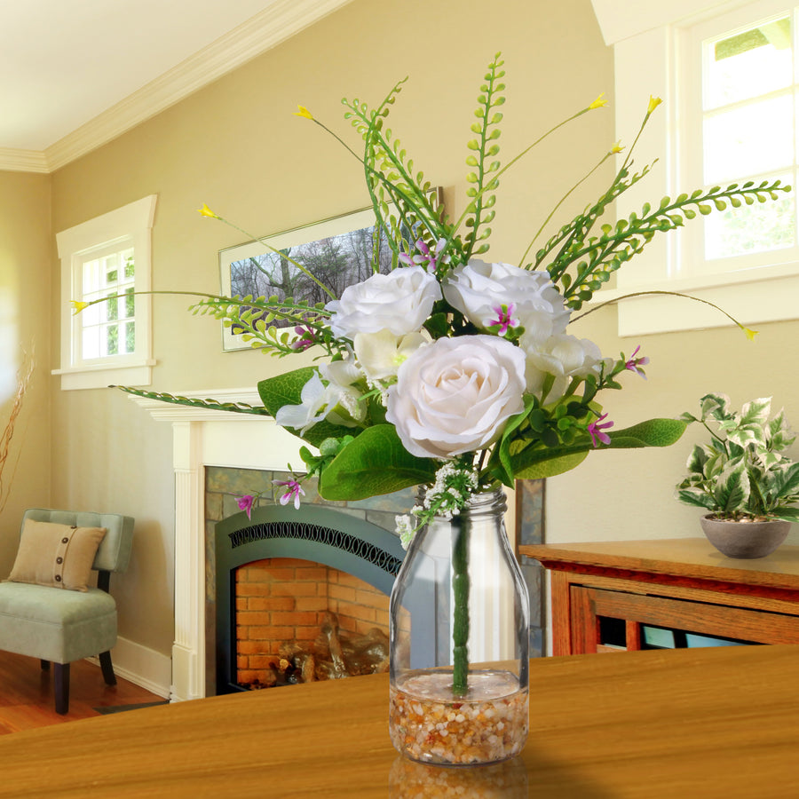 12 in. Spring White Roses Flower Bouquet in Glass Vase with Leafy Greens