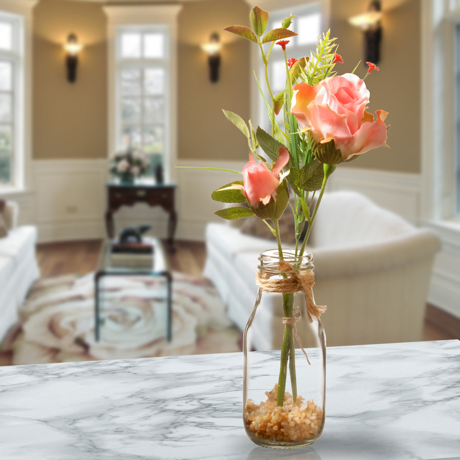 12 in. Spring Pink Roses Flower Bouquet in Glass Vase with Leafy Greens