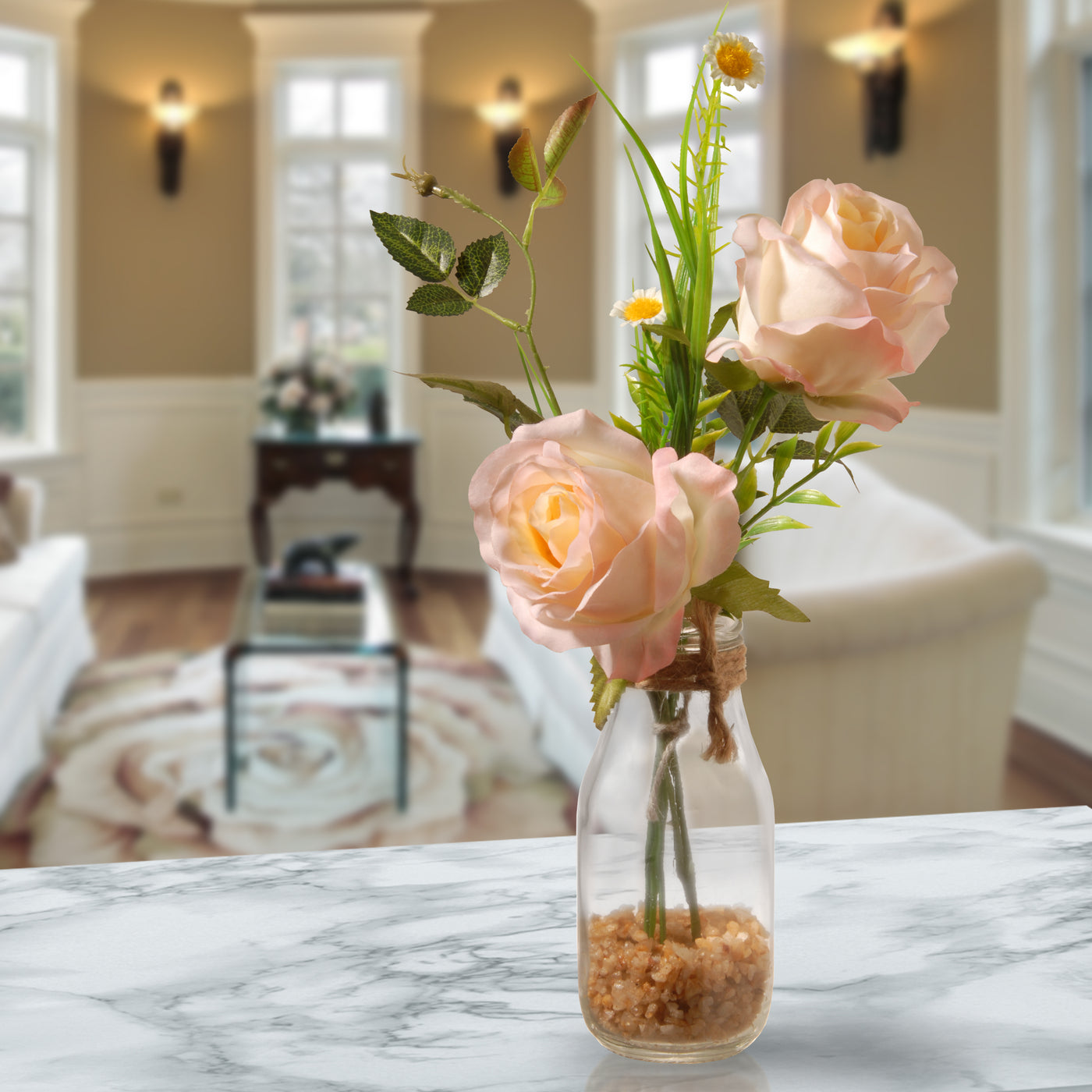 Artificial Flower Bouquet in Glass Vase, Peach Roses, Decorated with Leafy Greens, Spring Collection, 13 Inches - National Tree Company