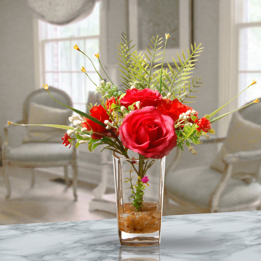 12 in. Spring Red Roses Flower Bouquet in Glass Vase with Leafy Greens
