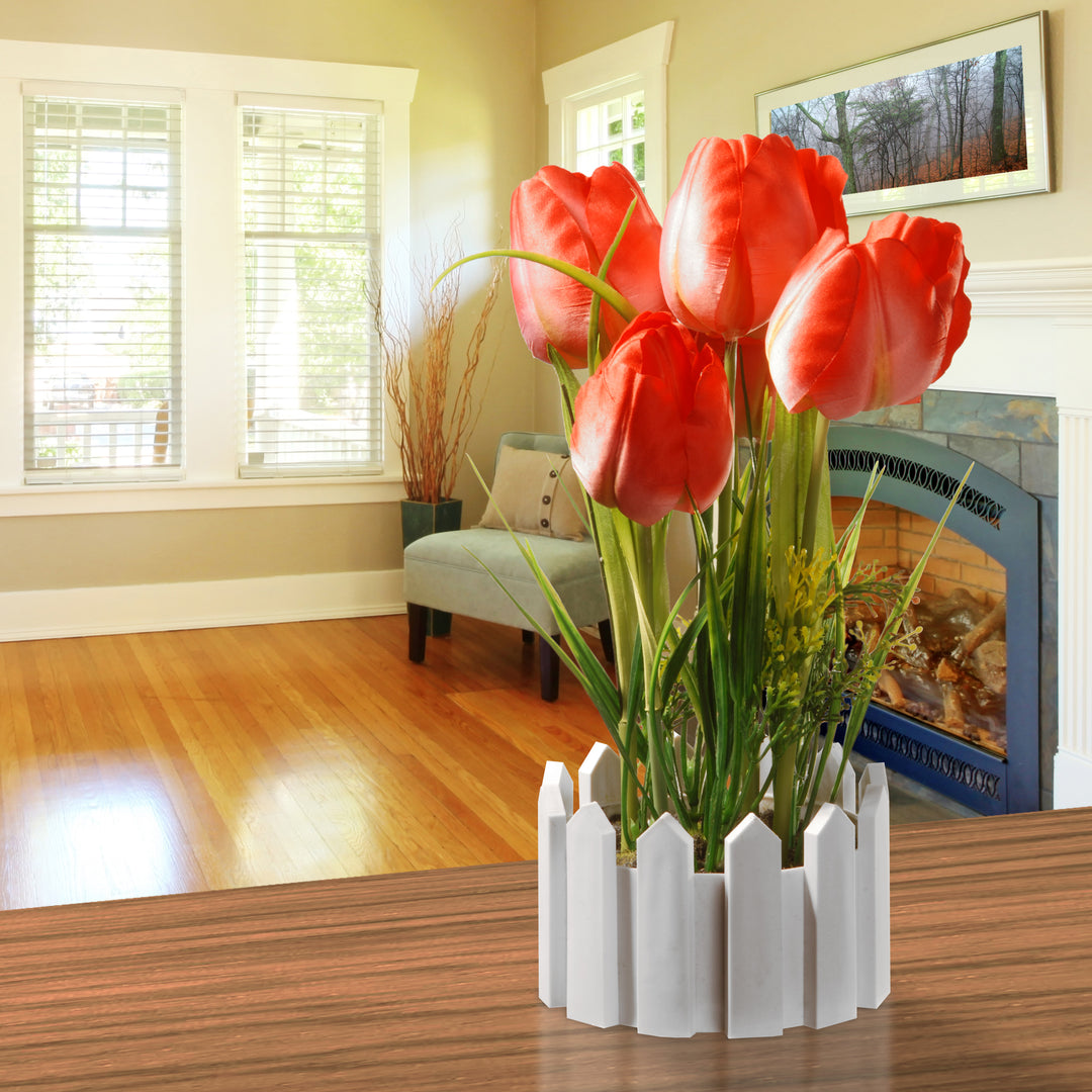 Artificial Potted Flowers, Red Tulips, Decorated with Leafy Greens, Includes White Picket Fence Base, Spring Collection, 11 Inches