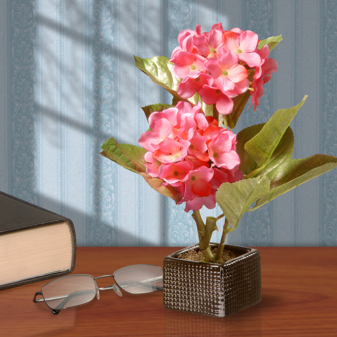 Artificial Potted Flowers, Pink Hydrangeas, Decorated with Leafy Greens, Includes Black Base, Spring Collection, 10 Inches